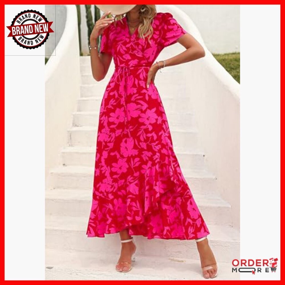 Boho Floral Maxi Dress Wrap V Neck Short Sleeve Summer Beach Wedding Guest - Picture 2 of 7